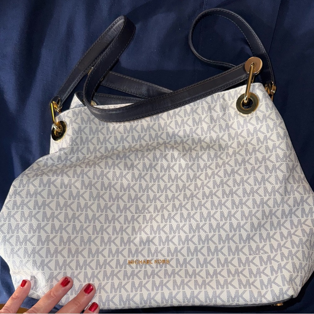 Michael Kors Logo Raven Monogrammed White and Navy Shoulder Bag
